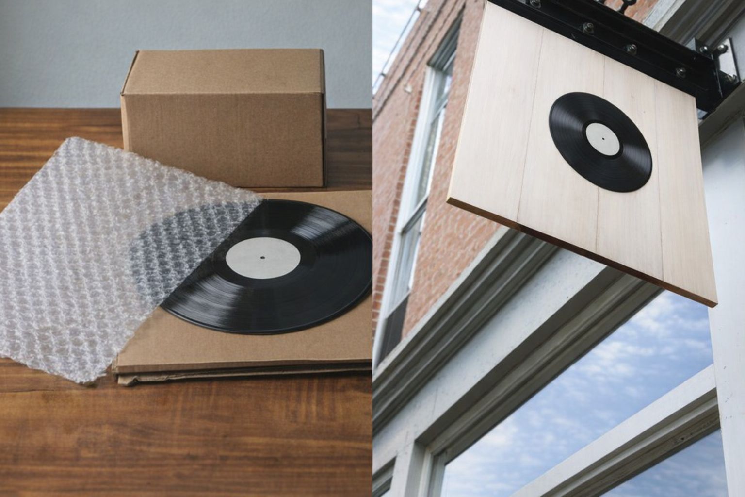 Schallplatte beim Versand mit Luftpolsterfolie und ein Plattenladen-Schild.